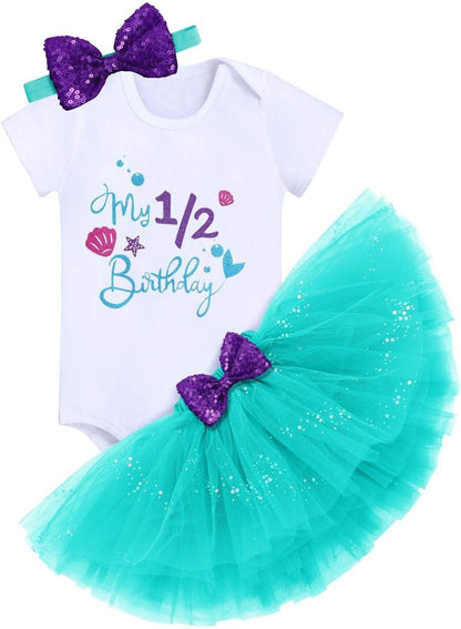 Baby Girls Mermaid 1St Birthday Outfit Romper Tutu Skirt Shiny Bowknot Headband Cake Smash Clothes Set for Photo Shoot